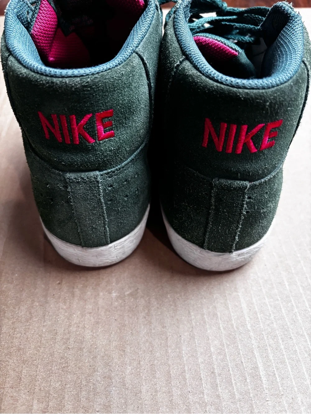 Nike Men's Green Suede Sneakers with Pink Logo Accents
